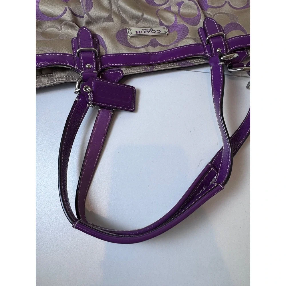 Y2K Coach Signature Tote Bag Women Purple Tan Monogram Patent Trim Aesthetic - Picture 11 of 12